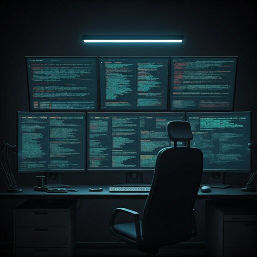 Stație de lucru cu monitoare afișând cod și criptare